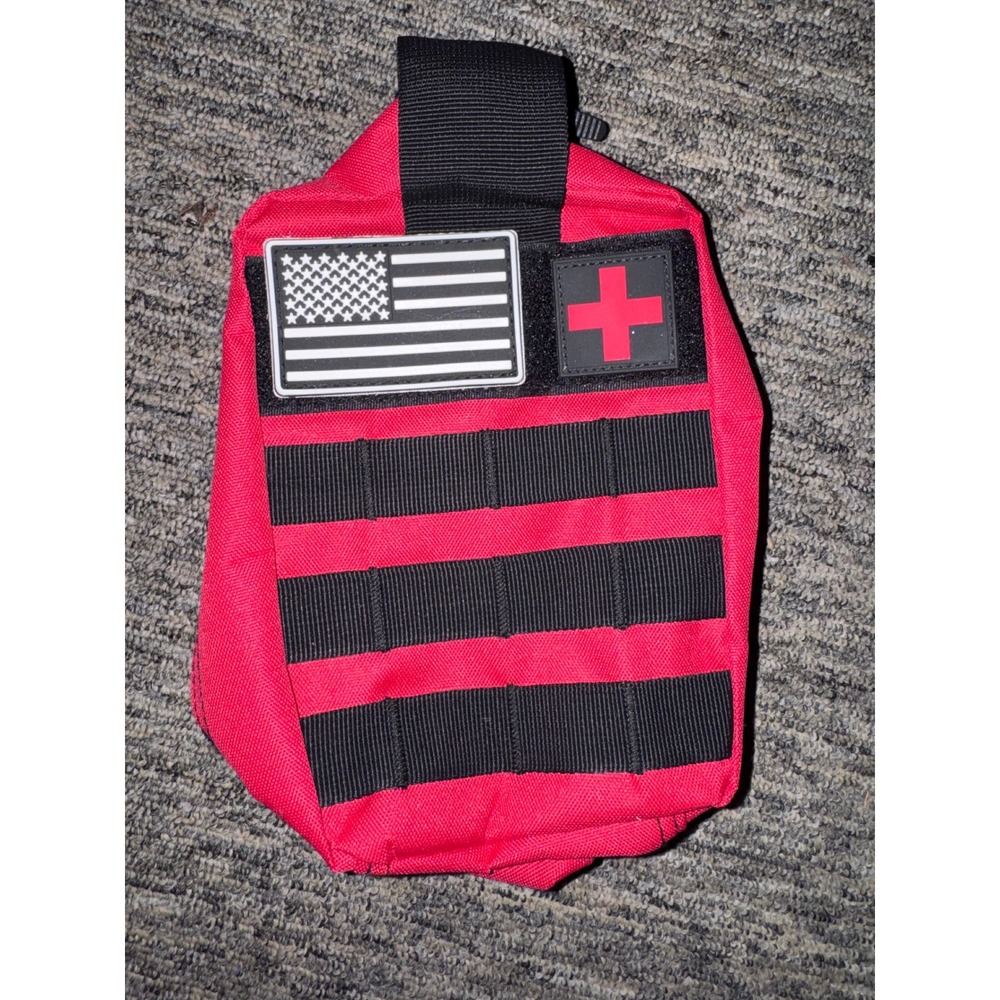 Red Tactical IFAK Med Pouch MOLLE First Aid Utility Bag with Flag Patch NWOT